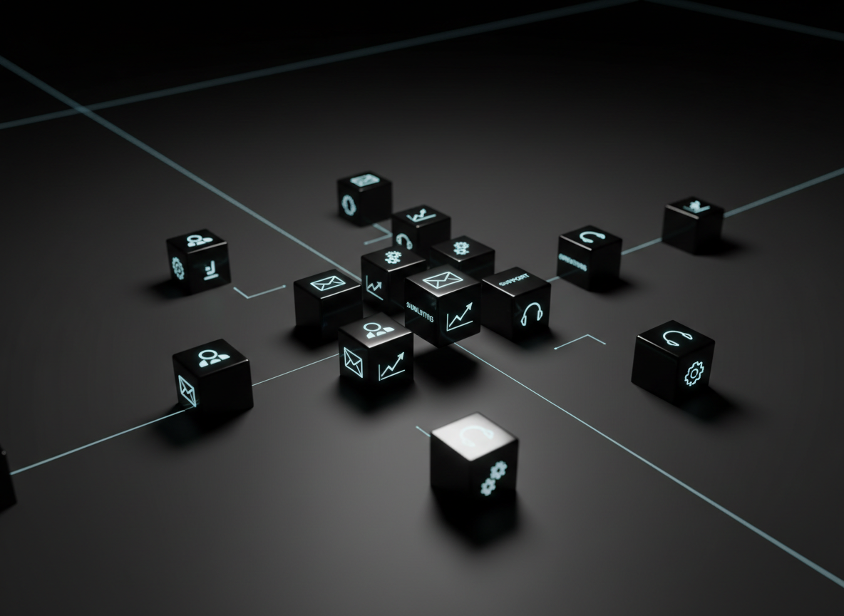 A network of glossy, onyx-like cubes of varying sizes arranged on a matte charcoal surface, each cube etched with a faint, luminous icon representing specific business tasks—email, analytics, support, operations. Thin beams of light travel between them, forming a delicate constellation that echoes the Southern Cross shape when viewed from above. The environment is a dark, abstract space with only a hint of distant grid lines fading into black. A single directional light from the upper left casts long, defined shadows and creates sharp specular highlights along cube edges. Shot from a high, three-quarter angle with moderate depth of field, the central cubes are crisply detailed while the outer network softens. The mood is precise, intelligent, and slightly enigmatic, with a photographic, minimalist, dark-tech aesthetic.