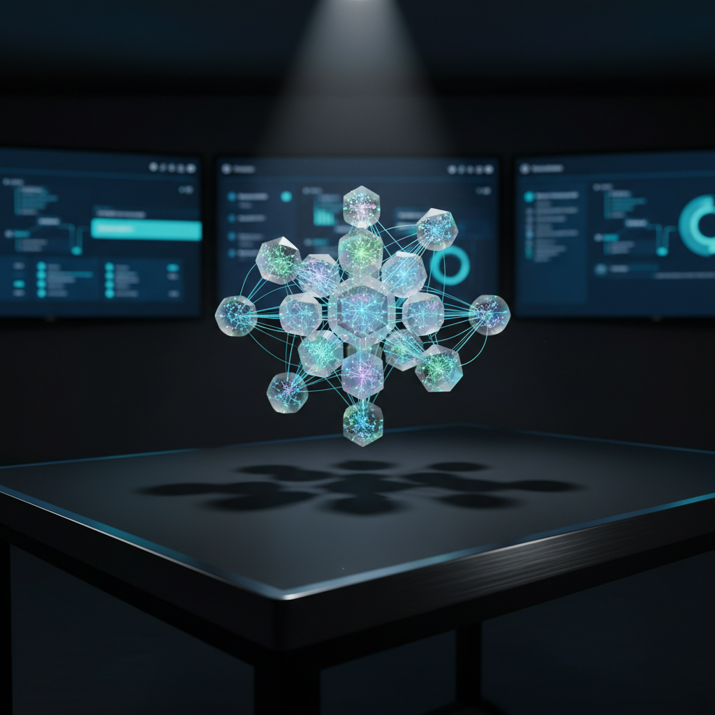 A cluster of translucent, geometric spheres and polyhedra, each containing intricate glowing neural-network patterns, hovers above a matte black desk with a brushed metal edge. Thin threads of light connect the shapes in a loose Southern Cross arrangement, symbolizing collaborating AI agents. In the background, large wall-mounted screens display softly blurred dashboards and automation flows in cool blues and teals. A single overhead spotlight creates dramatic, focused illumination on the floating forms, with deep, cinematic shadows falling across the desk. Captured from a slightly low angle to emphasize scale, the composition uses the rule of thirds and a shallow depth of field. The atmosphere is strategic and forward-looking, in a photographic, hyper-real style with a dark, minimalist tech aesthetic.