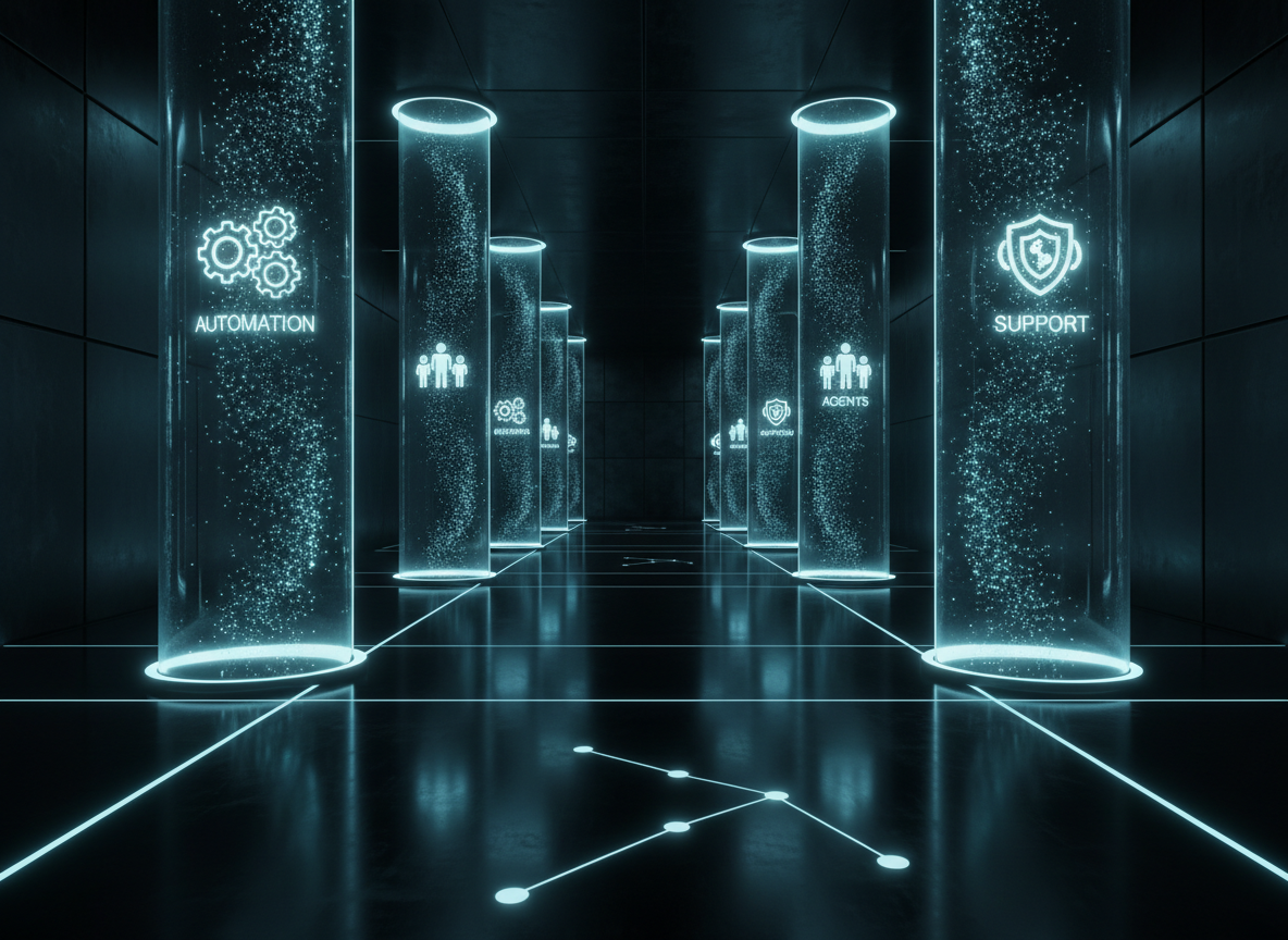 Inside a dimly lit, futuristic data corridor, towering vertical columns of translucent glass house swirling, particle-based AI models, each column labeled subtly with glowing icons for automation, agents, and support. The corridor floor is a reflective black surface with thin, illuminated lines guiding the eye forward in the shape of the Southern Cross when seen from above. Cool, diffused light emanates from within the columns, casting soft, overlapping pools of cyan and deep blue across the floor and walls. Captured at a low, central angle that leads into the corridor’s depth, the composition creates a cinematic tunnel effect with strong perspective lines. The atmosphere is immersive and anticipatory, suggesting deep capability and scale, rendered in photographic realism with a dark, high-end sci-fi aesthetic ideal for an AI services section.