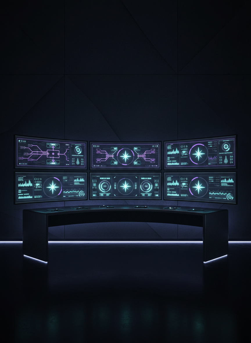 An ultra-modern control hub with multiple curved, frameless monitors forming a wide arc above a slim carbon-fiber console, all set against a dark, textured wall. On the screens, crisp yet partially blurred visualizations show AI agents managing workflows: branching automation diagrams, real-time metrics, and intelligent alerts in cyan and electric violet tones. A subtle glowing Southern Cross icon appears as a unifying motif in the interface. Soft, cool-toned ambient lighting under the console and behind the monitors creates a halo effect, with gentle reflections on the polished black floor. Photographed from a slightly elevated, wide-angle perspective, the scene is sharp throughout, emphasizing order and clarity. The mood is calm control and quiet power, rendered in photographic realism with a clean, cinematic, dark UI aesthetic.